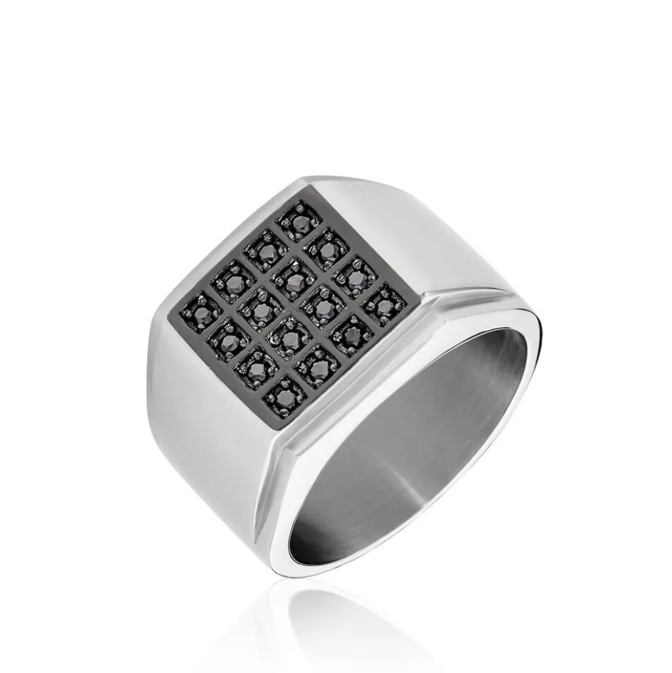 Bague Chevalière Acier Vieillit Teodor Oxydes De Zirconium
