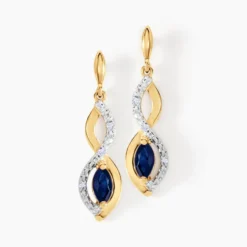 Boucles D'oreilles Pendantes Ondulations Or Jaune Saphir Diamant
