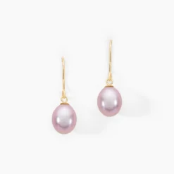 Boucles D'oreilles Pendantes Rose Or Jaune Perle De Culture
