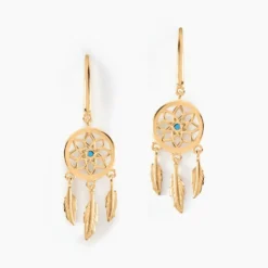 Boucles D'oreilles Plaqué Or Jaune Attrape Rêves Turquoises