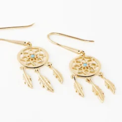 Boucles D'oreilles Plaqué Or Jaune Attrape Rêves Turquoises