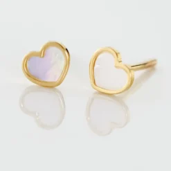 Boucles D'oreilles Puces Amaryllis Coeur Or Jaune Nacre