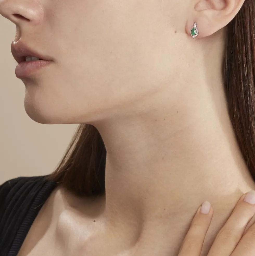 Boucles D'oreilles Puces Angelika Or Blanc Emeraude Et Diamant