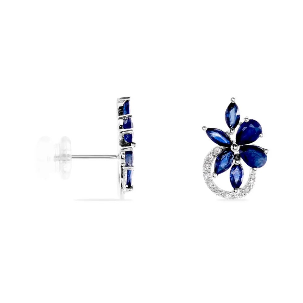 Boucles D'oreilles Puces Bouquet Or Blanc Saphir Et Diamant