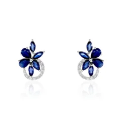Boucles D'oreilles Puces Bouquet Or Blanc Saphir Et Diamant