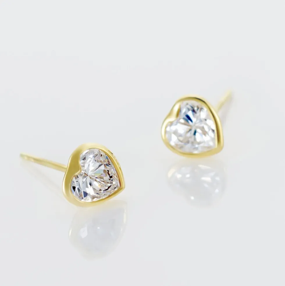 Boucles D'oreilles Puces Coeur Serti Clos Or Jaune Oxyde De Zirconium
