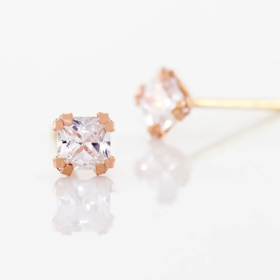 Boucles D'oreilles Puces Doreen Carre Or Rose Oxyde De Zirconium