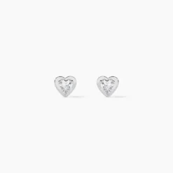 Boucles D'oreilles Puces Dot Coeur Plein Or Blanc Oxyde De Zirconium