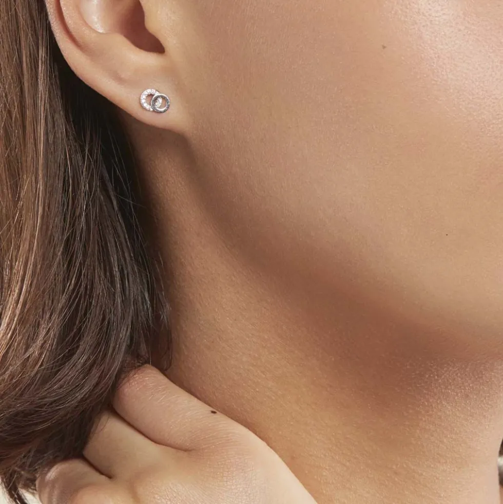 Boucles D'oreilles Puces Edmee Double Cercles Or Blanc Oxyde