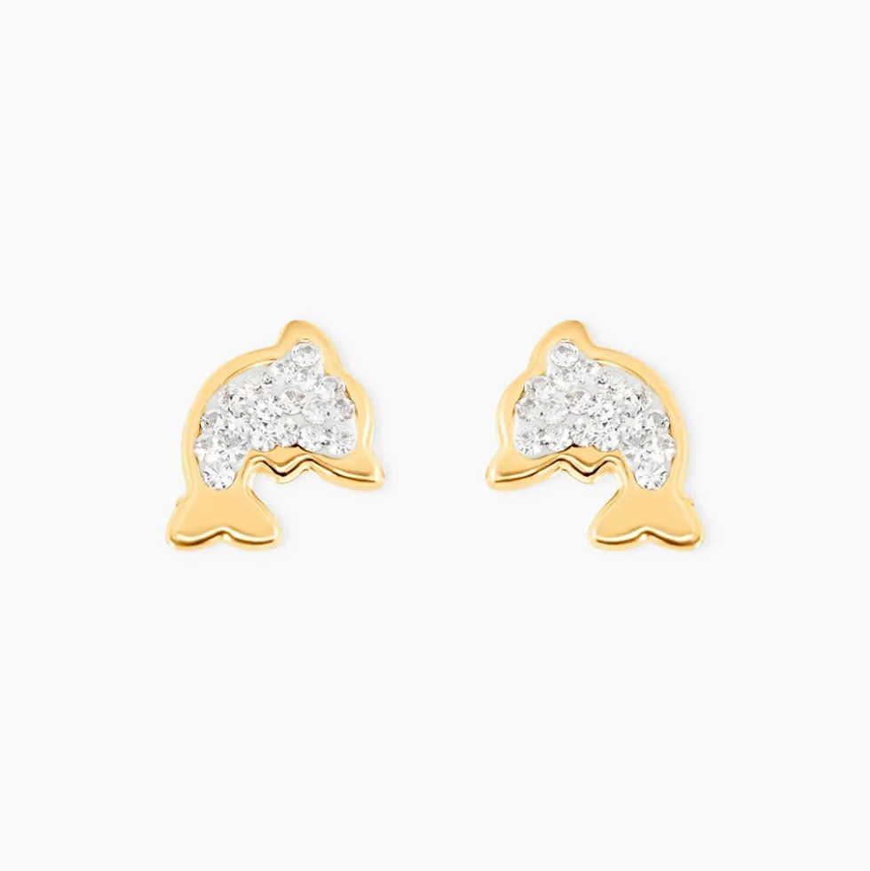 Boucles D'oreilles Puces Edmee Dauphin Or Jaune Strass