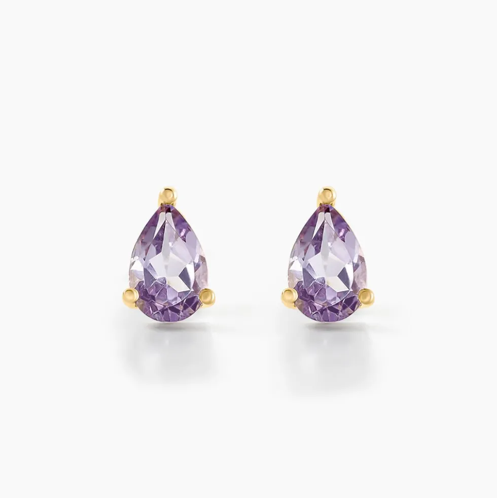 Boucles D'oreilles Puces Goutte Or Jaune Améthyste