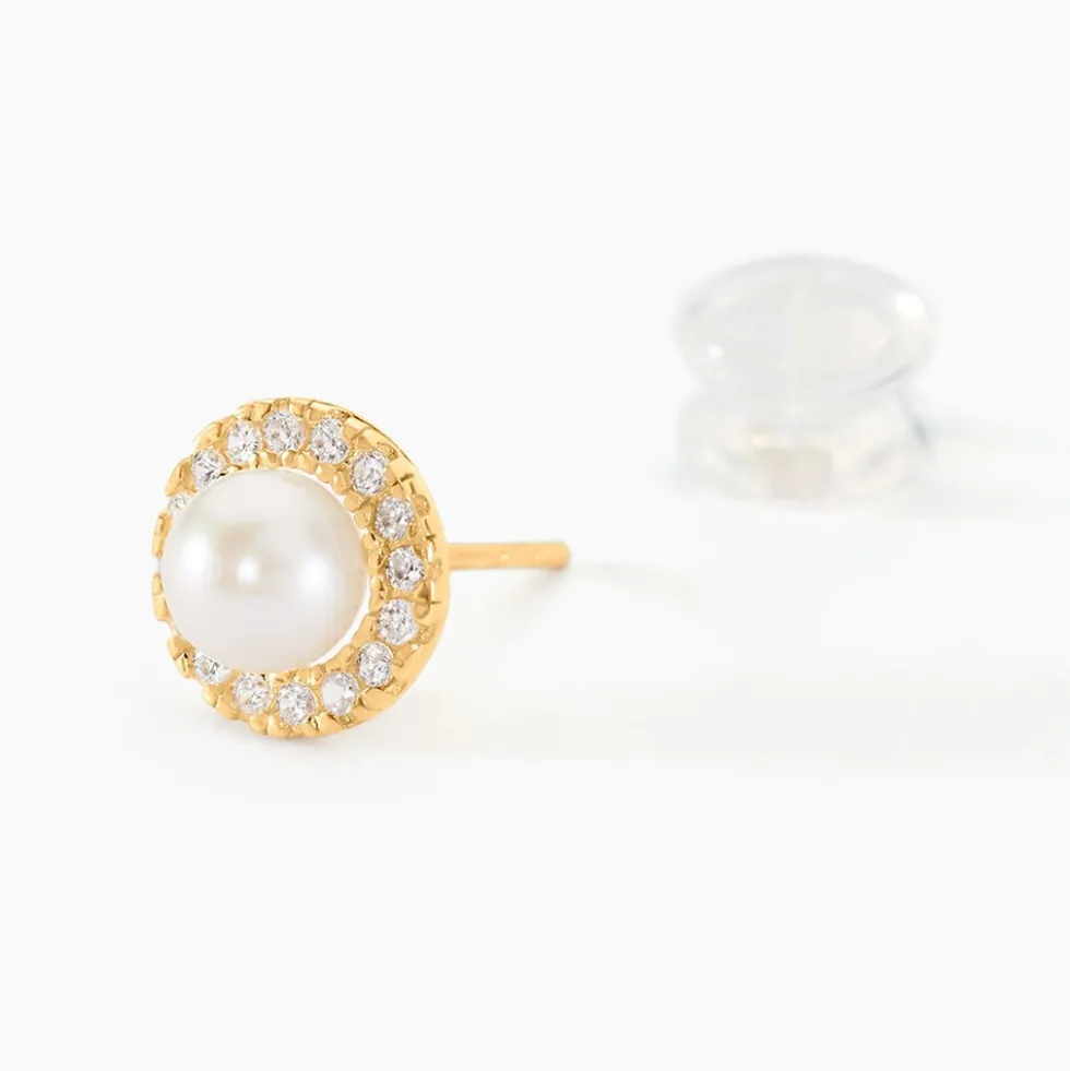 Boucles D'oreilles Puces Grizel Or Jaune Perle De Culture Et Oxyde