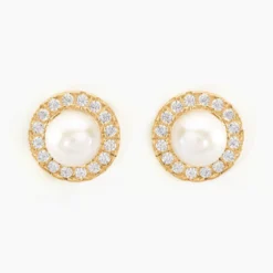 Boucles D'oreilles Puces Grizel Or Jaune Perle De Culture Et Oxyde