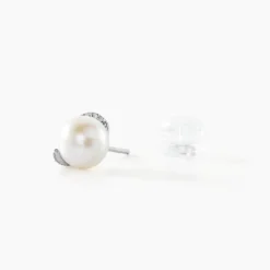Boucles D'oreilles Puces Lucinda Or Blanc Perle De Culture Et Oxyde