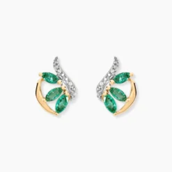 Boucles D'oreilles Puces Or Bicolore Petale Emeraude Diamant