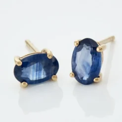 Boucles D'oreilles Puces Or Jaune Ovale Saphir
