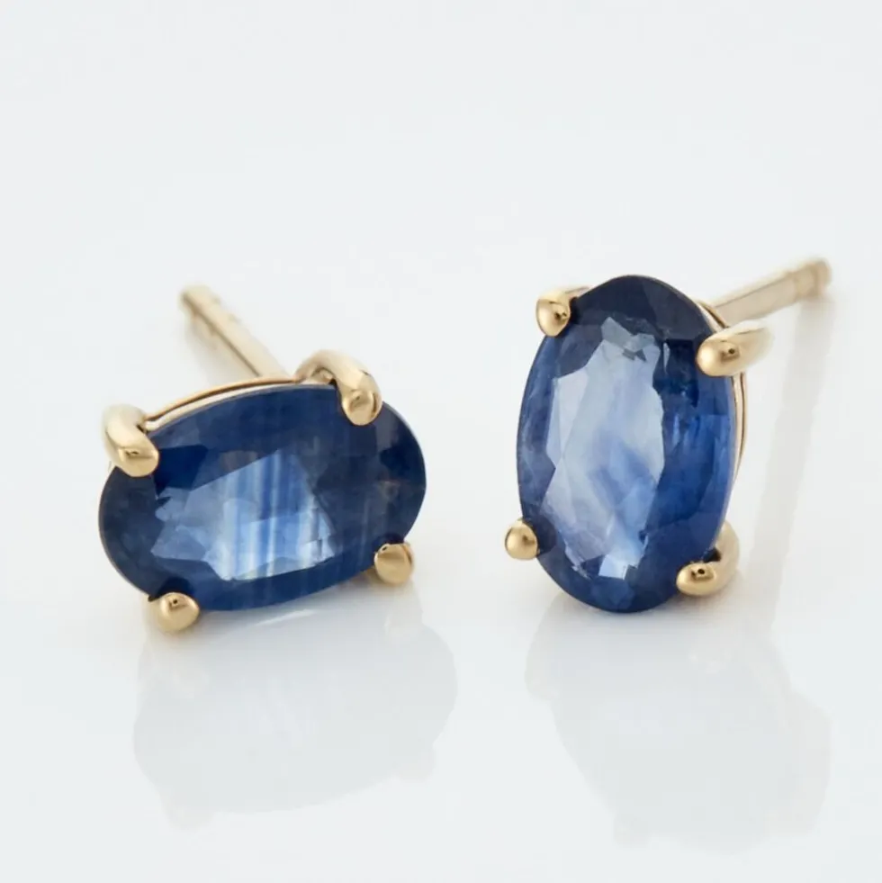 Boucles D'oreilles Puces Or Jaune Ovale Saphir