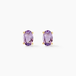 Boucles D'oreilles Puces Ovale Serti Griffe Or Jaune Amethyste