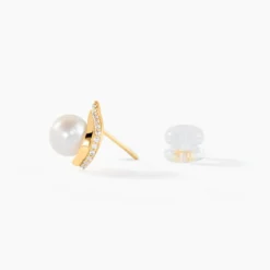 Boucles D'oreilles Puces Pearly Or Jaune Perle De Culture Et Oxyde