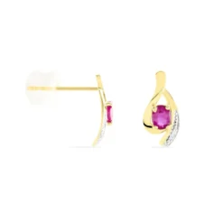 Boucles D'oreilles Puces Sagesse Or Jaune Rubis Et Diamant