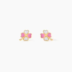 Boucles D'oreilles Puces Trefle Email Or Jaune