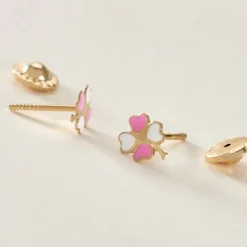 Boucles D'oreilles Puces Trefle Email Or Jaune