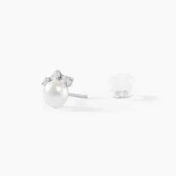Boucles D'oreilles Puces Yarie Or Blanc Perle De Culture Et Oxyde
