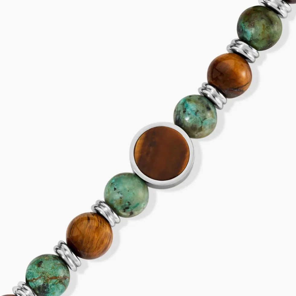 Bracelet Jourdan Archimedes Acier Argenté Oeil De Tigre Turquoise