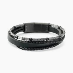 Bracelet Jourdan Cuir De Vache Noir Hématite Onyx