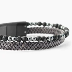Bracelet Jourdan Cuir De Vache Gris Hématite Pierre De Lave