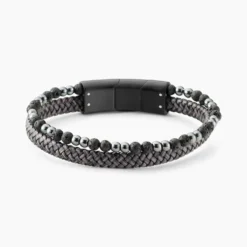 Bracelet Jourdan Cuir De Vache Gris Hématite Pierre De Lave