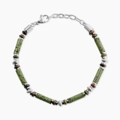 Bracelet Naturel Acier Blanc Jaspe Africain Pierre De Lave