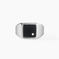 Chevalière Métal Acier Blanc Onyx Diamant Synthétique