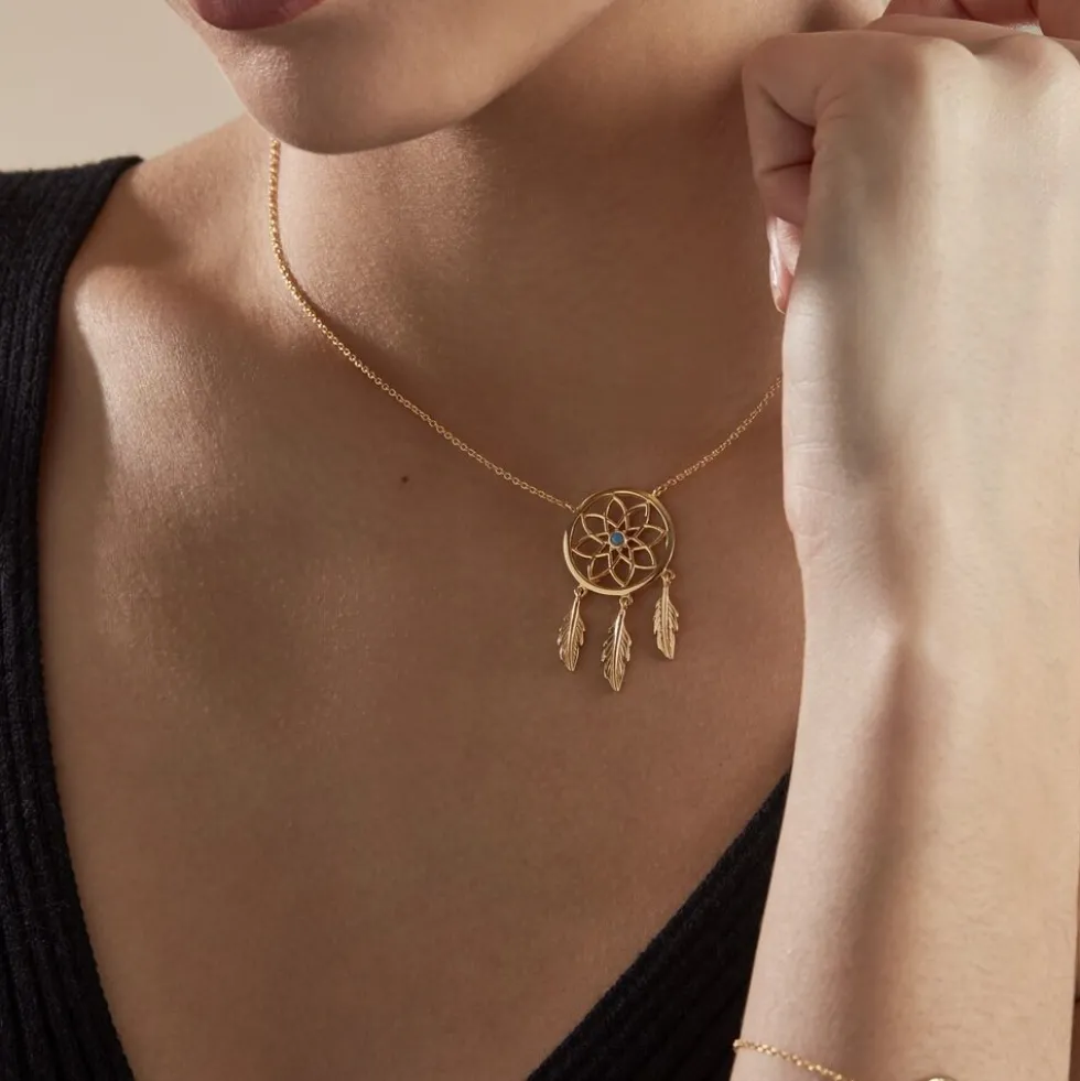 Collier Plaqué Or Jaune Attrape Rêves Turquoise